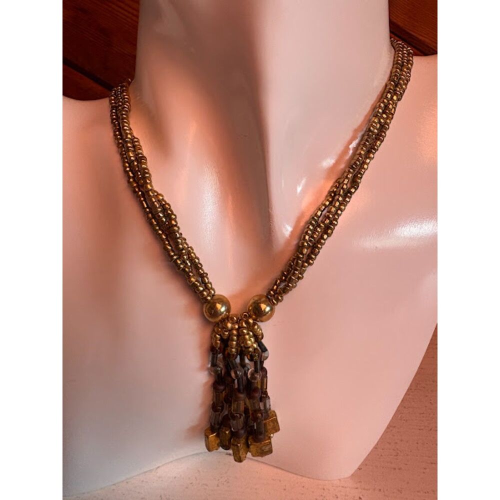Gold Multi-Strand Beaded Necklace with Beaded Tassel Pendant